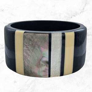 Vintage Black and Cream Plastic Bangle Set With Mother of Pearl