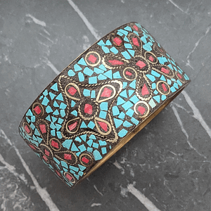 Vintage Chunky Brass Stacking Bangle Set With Blue and Red Stones