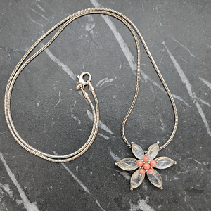 Vintage 1990s Sterling Silver and Moonstone Flower Pendant on a Silver Snake Chain