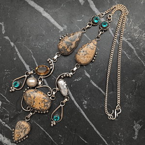 Vintage Jasper Gemstone, Pearl and Sterling Silver Necklace