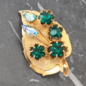 Vintage Leaf Brooch With Green Rhinestones 1950s