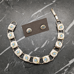 Vintage Blue Floral Bracelet and Matching Stud Earrings