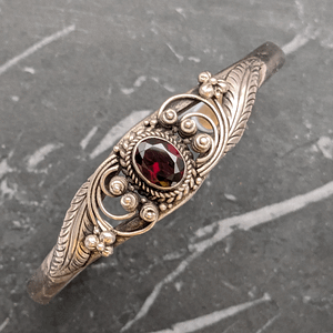 Vintage Sterling Silver Cuff Bangle With Garnet