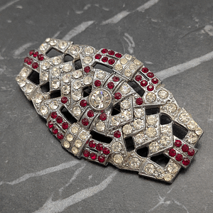 Vintage Art Deco Brooch With Red and Clear Rhinestones